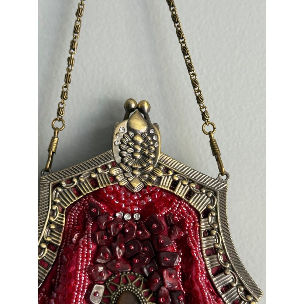Vintage Style Burgundy Beaded Evening Bag Bronze Frame Chain Strap Cabochon - Picture 2 of 8